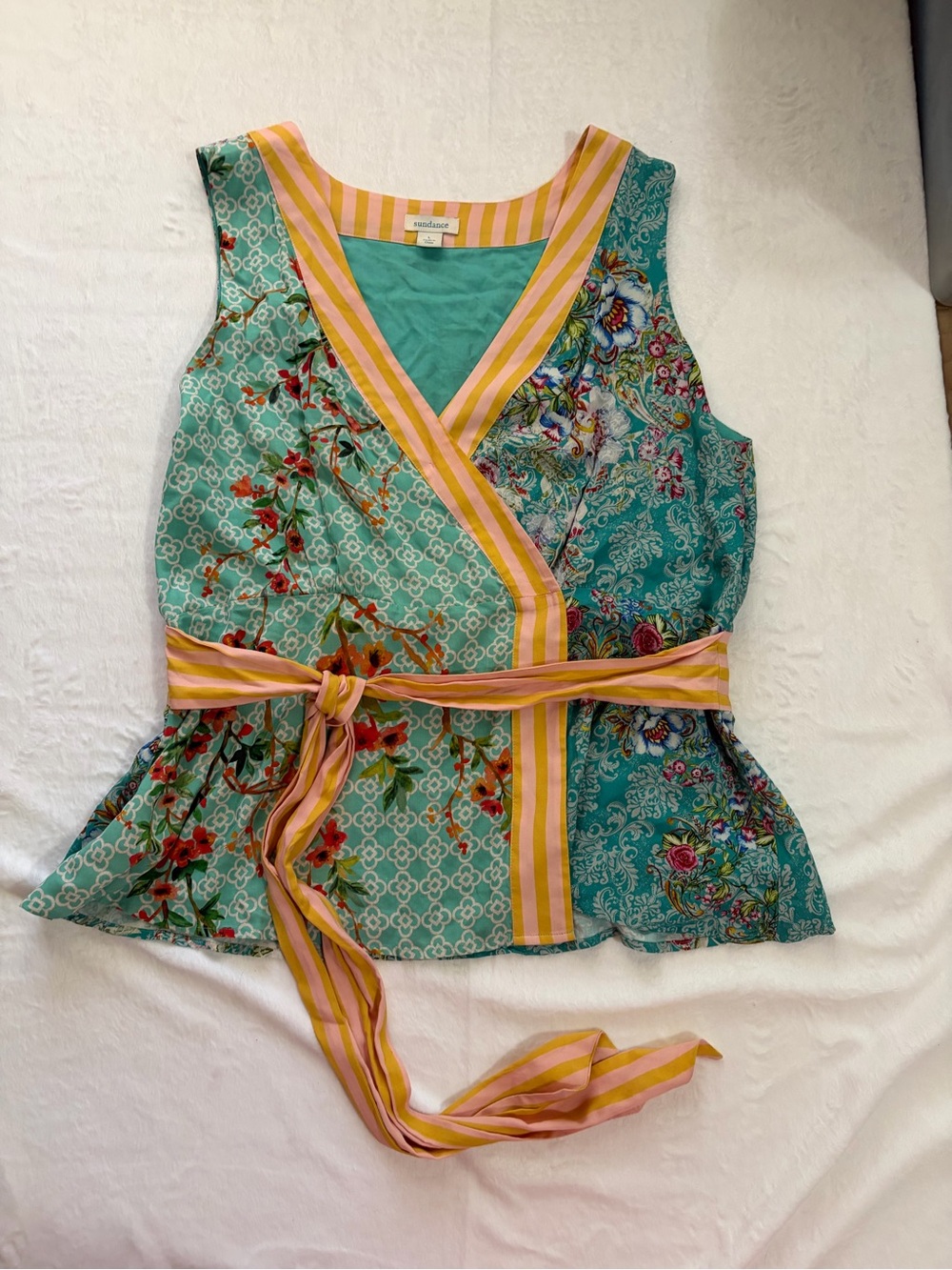 Sundance Floral Patchwork Wrap Tank Top in Teal and Yellow